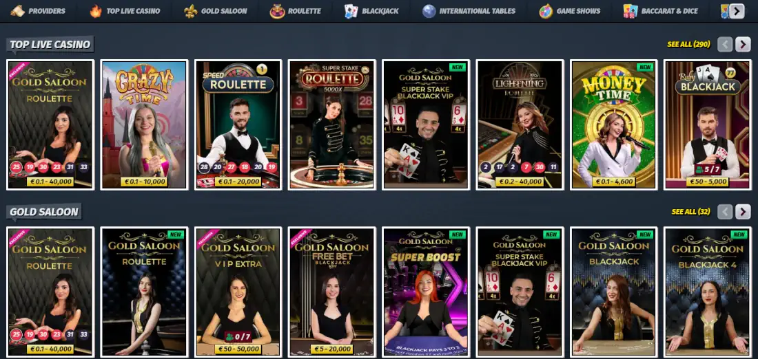 Juegos de casino con crupier en vivo y sala de juegos de mesa.